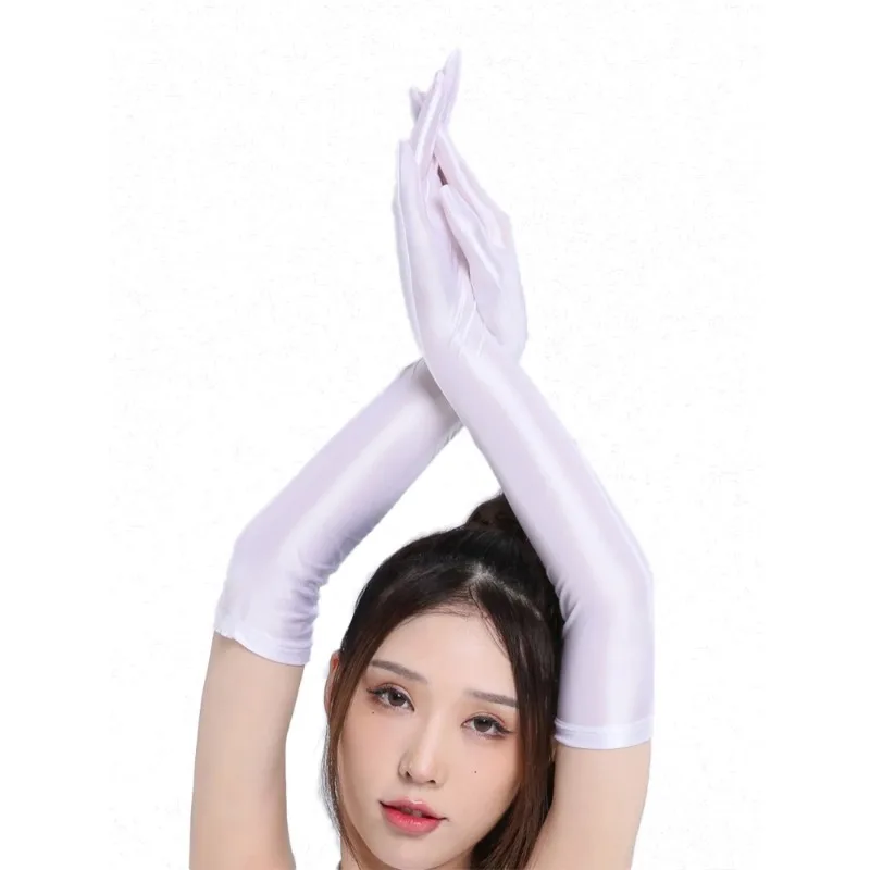 Sexy Women Smooth Shiny Elastic Glove Oil Gloosy Silky Sheer See Through Long Gloves Sunscreen Driving Glove Luxury Candy Color