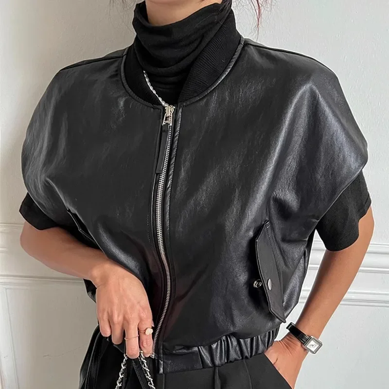 Retro High-End Leather Vest Women'S Autumn And Winter Round Neck Zipper Style Loose And Versatile Short Sleeved Jacket
