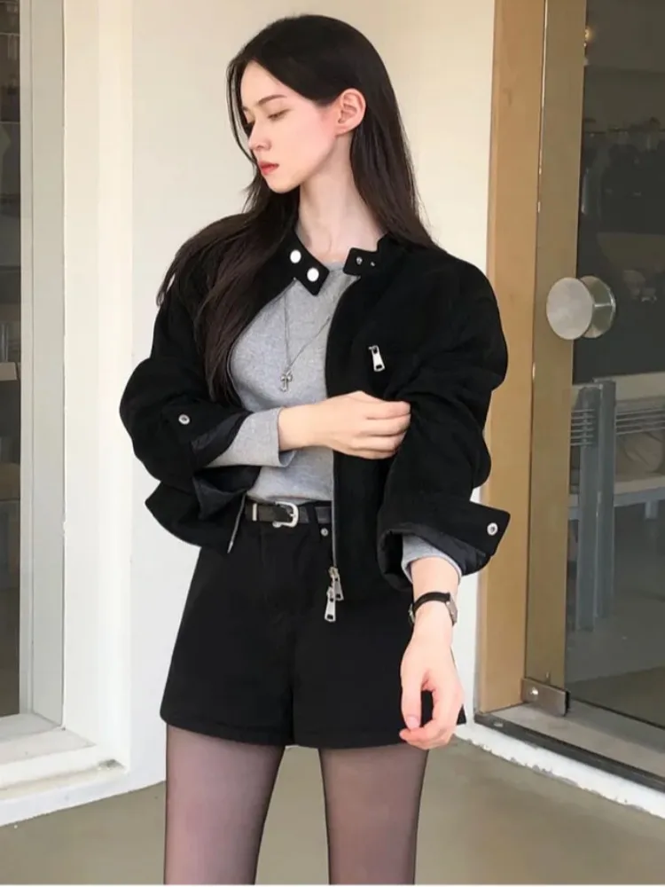 Retro Style Motorcycle Jacket Women's Loose Fit Zipper Pocket Stand Collar Short Coat Casual Outerwear for All Seasons