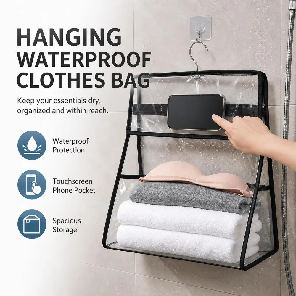 Waterproof Hanging Clothes Bag Transparent Touchscreen Phone Pocket Bathroom Storage Bag Large Capacity Garment Bag