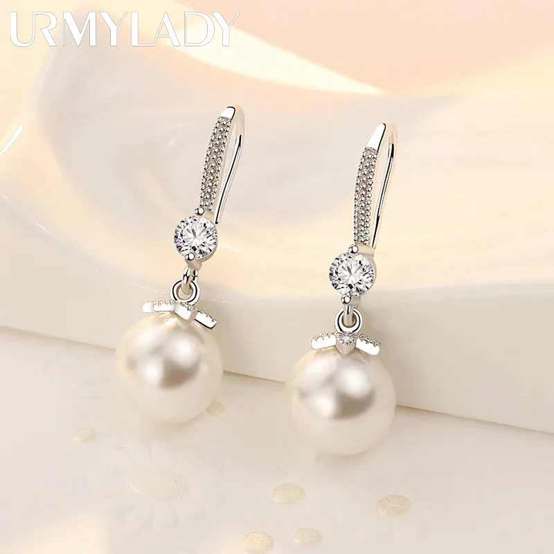 

URMYLADY Fine 925 Sterling Silver Luxury Crystal Zircon Pearl Earrings Charms for Woman Engagement Wedding Jewelry gift