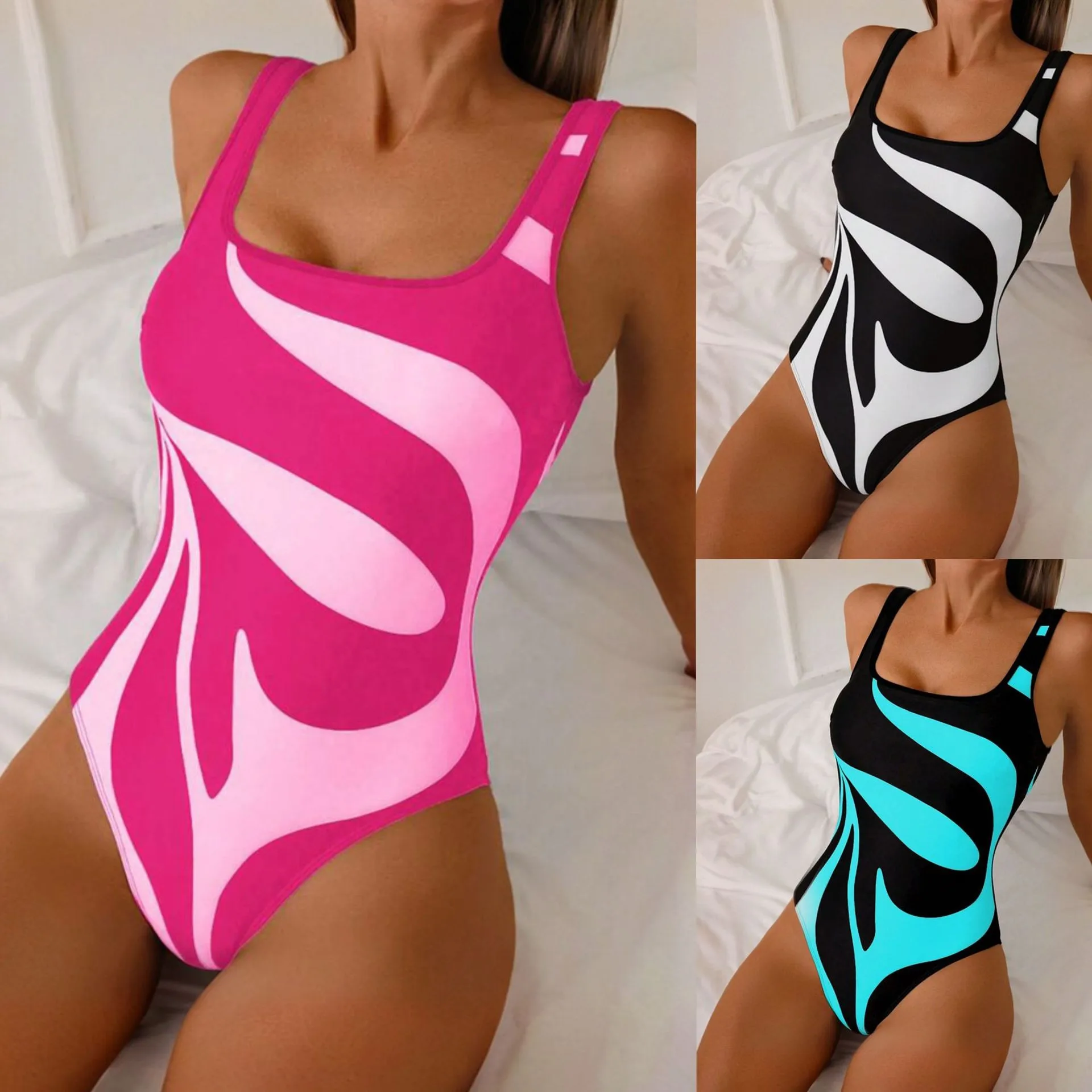 Tankini para mujer, Bikini con estampado abstracto, traje de baño de corte alto, traje de baño con cuello cuadrado, traje de baño rosa y blanco, Tankinis Y2k para mujer