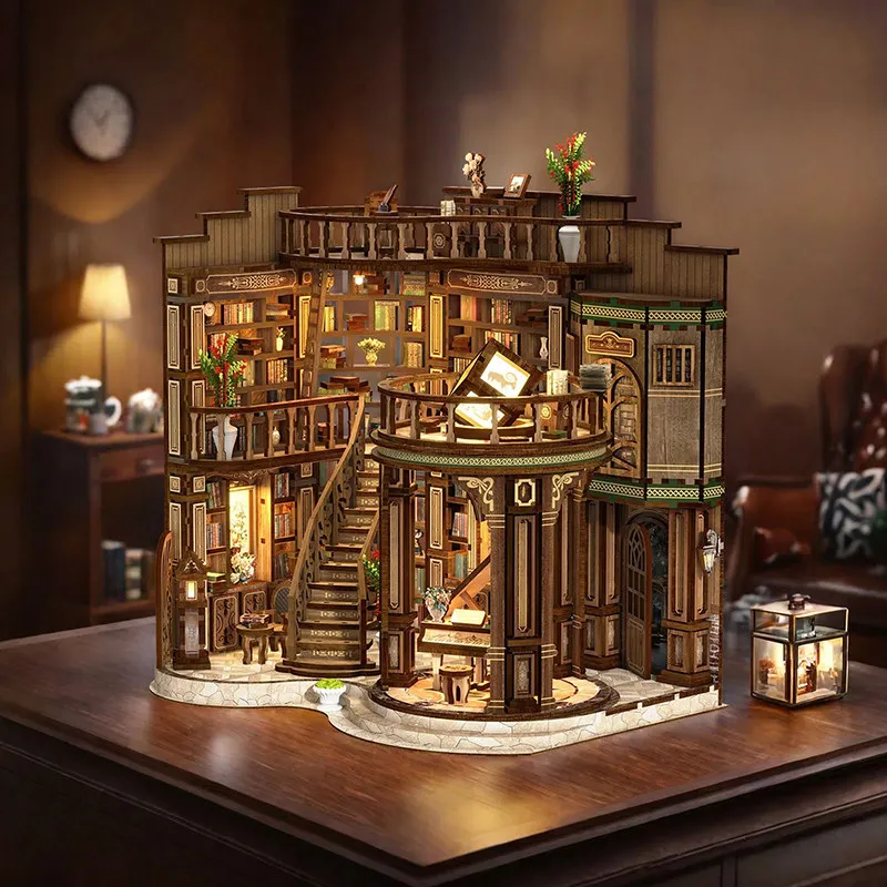 Diy Book Nook Vintage Library Handmade Assembled Miniature House With 6 Led Lights Wooden Model Home Decor Gift For Adult Hobby