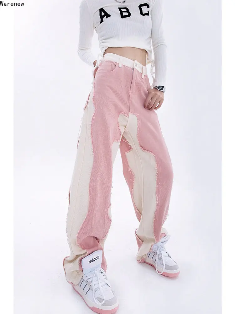 Casual Hip Hop Fashion Y2K Pink High Waist Baggy Jeans Denim Women\'s Wide Leg Streetwear Vintage Straight Trouser Female Pants