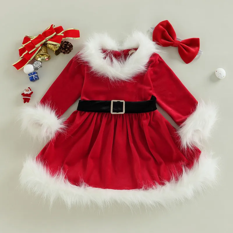 

Christmas Baby Girl Clothes Party Dresses Long Sleeve O Neck Plush Patchwork A-line Dress with Belt and Headband Baby Clothing