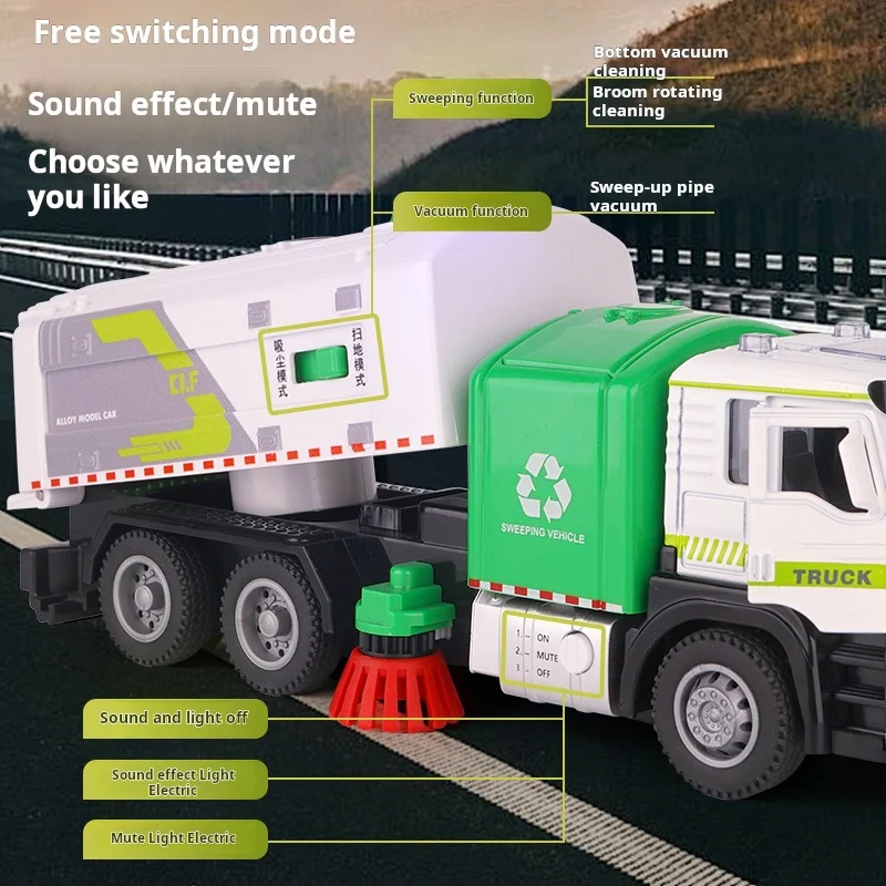 1/50 Scale Alloy Electric Vacuum Sweeper Model Sanitation Engineering Vehicle Kids Toy Urban Road Cleaning Car Fun Light & Sound