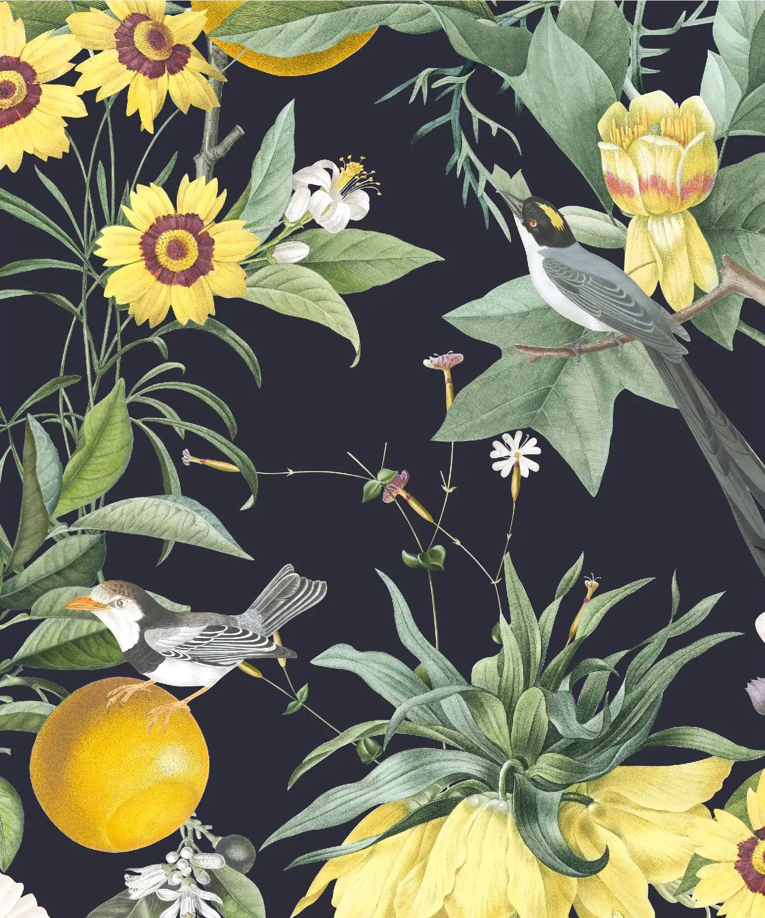 Birds Self Adhesive Wallpaper Lemon Floral Peel and Stick Wallpaper Black Boho Waterproof Removable Contact Paper for Home Decor