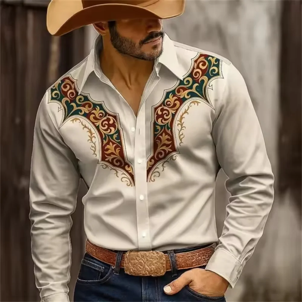 Men's Western style denim shirt classic fashion casual 3D printed high-quality comfortable fabric long sleeved new style