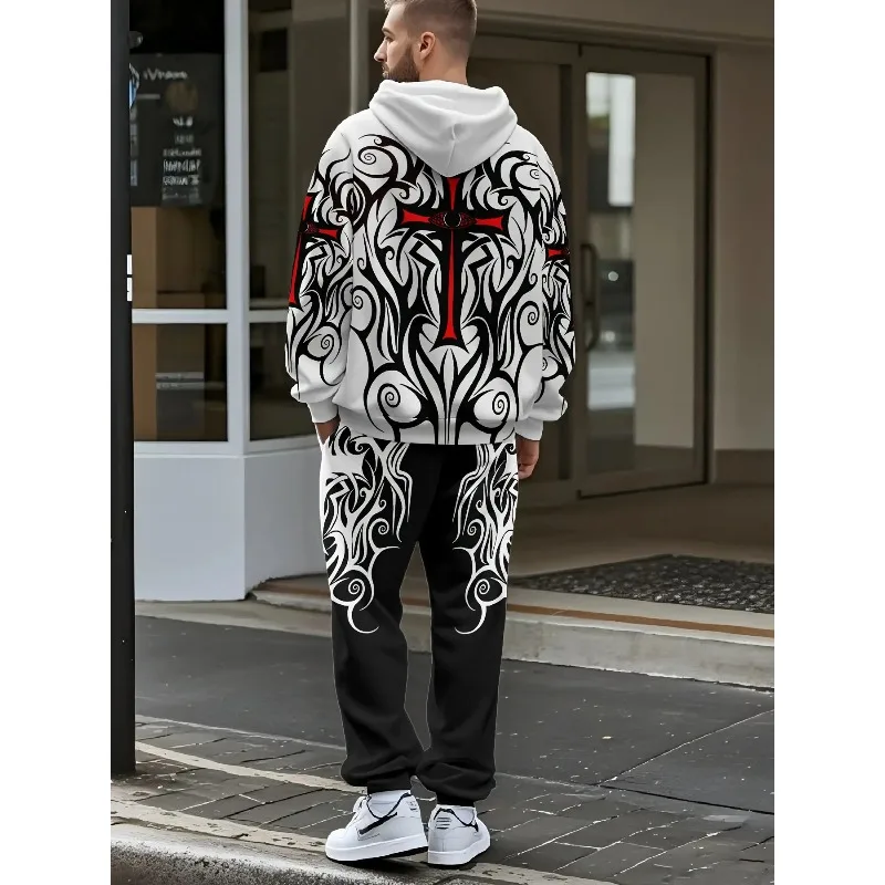 2025 Conjunto de sudadera con capucha de moda para hombre, pantalones con capucha de dos piezas, elementos impresos en 3D de estilo deportivo