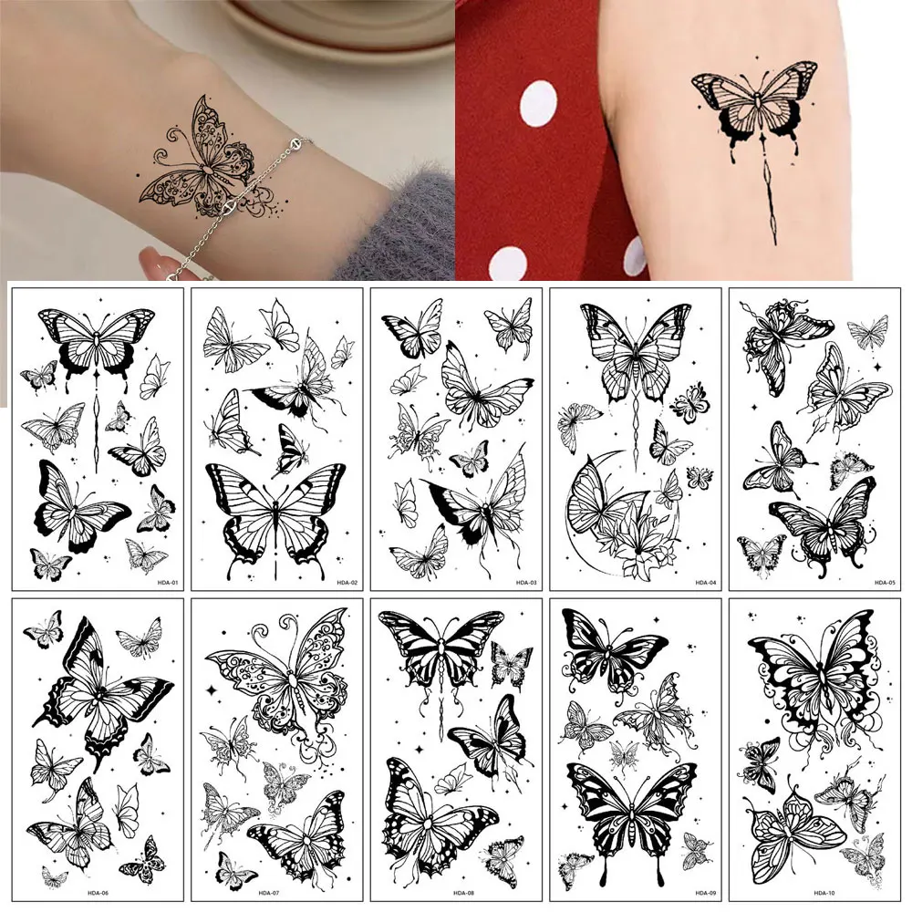 10pcs/Pack Black Butterfly Tattoos Waterproof Temporary Tattoo Stickers For Women Hand And Body Art