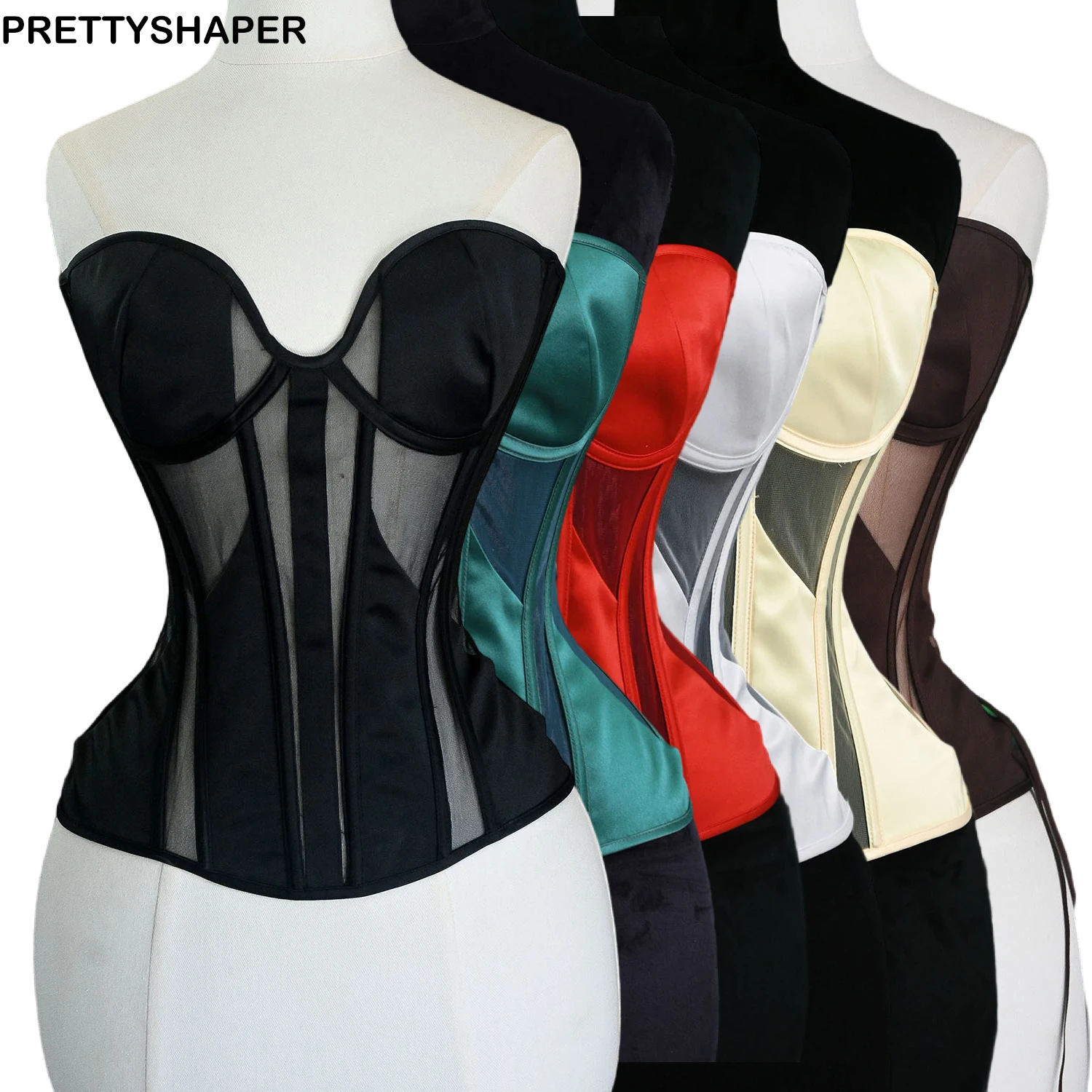 Corsé ajustado para mujer, corpiño por encima del busto, corpiños de malla transparente, Tops de boda con cordones, Tops moldeadores deshuesados de acero, cintura más delgada