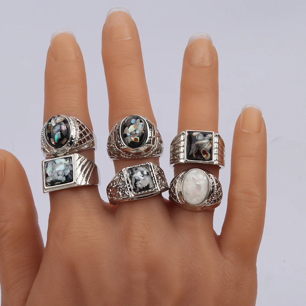 20 Pcs/Lot Imitation Nature Square Oval Cameo Shell Stone Rings for Men Fashion Wholesale Party Jewelry Size 19-23mm