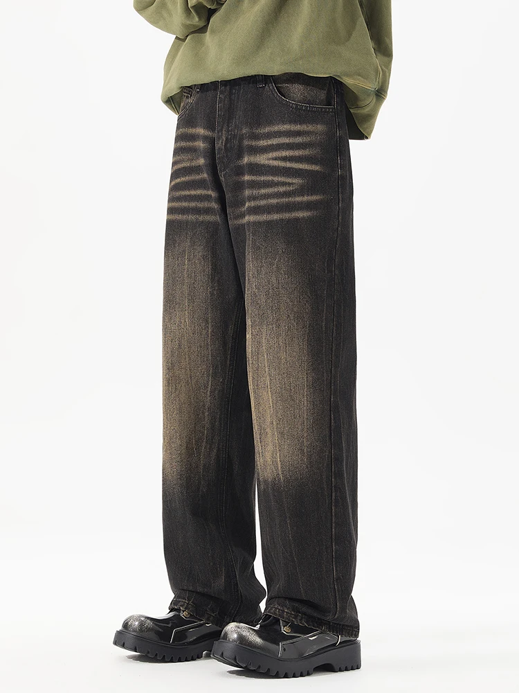 

Black Personalized Vintage Jeans Men's Loose Wide-leg Casual Trousers Fashion Straight Hip-hop Distress Denim Pants