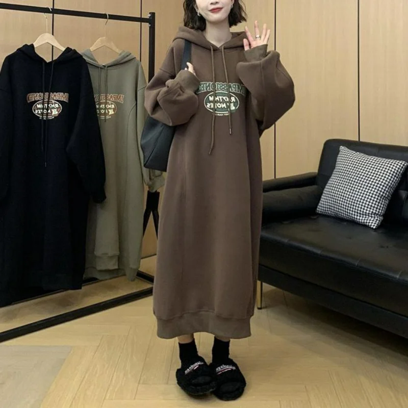 

Autumn Winter New Loose Vintage Letter Printed Hooded Dress Fashion Street Simple Versatile Warm Casual Patchwork Long Dresses