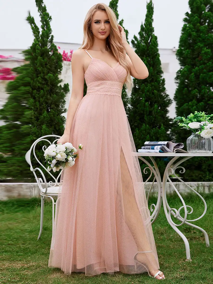 

Elegant Evening Dresses Deep V-Neck Pleated Lace Pearl Waist High Slit Floor Length 2024 Ever Pretty of Pink Bridesmaid Dress