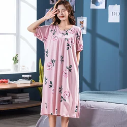 Summer Cotton Women's Nightgown Nightdress Leaf Print Sleepwear Casual Nightwear Loose Nightgowns Fashion Sleepshirts Big Yards