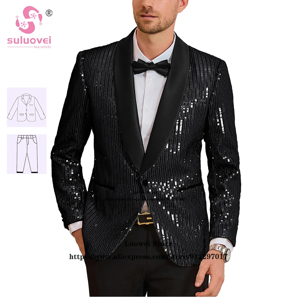 Fashion Shiny Sequin Suits For Men Slim Fit 2 Piece Pants Set Grooms Wedding Shawl Lapel Tuxedos Blazer Terno Masculino Completo