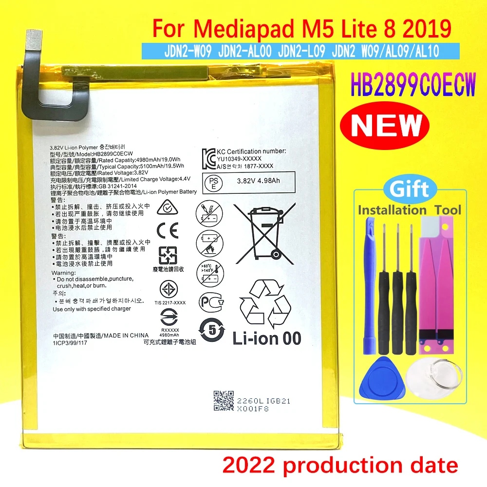 Batería de 5100mAh para Huawei Mediapad M5 Lite 8, 2019, JDN2-W09, JDN2-AL00, JDN2, W09/AL09/AL10, HB2899C0ECW, alta calidad, nueva