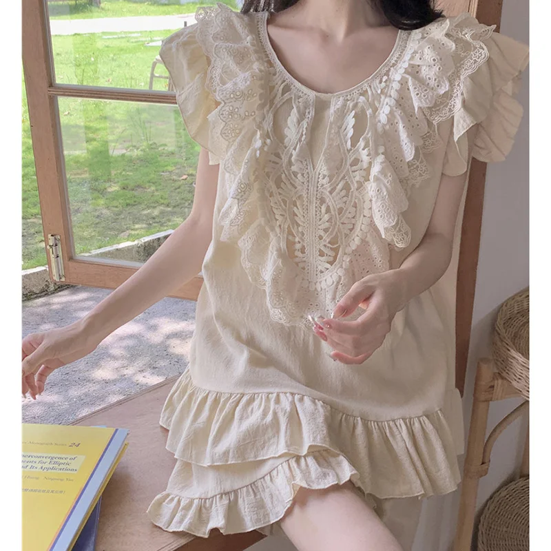 Korean Japan Cotton Sleepwear for Women Sweet Lace Ladies Ruffle Edge Flying Sleeves Home Clothes Pajamas Long Skirts 5