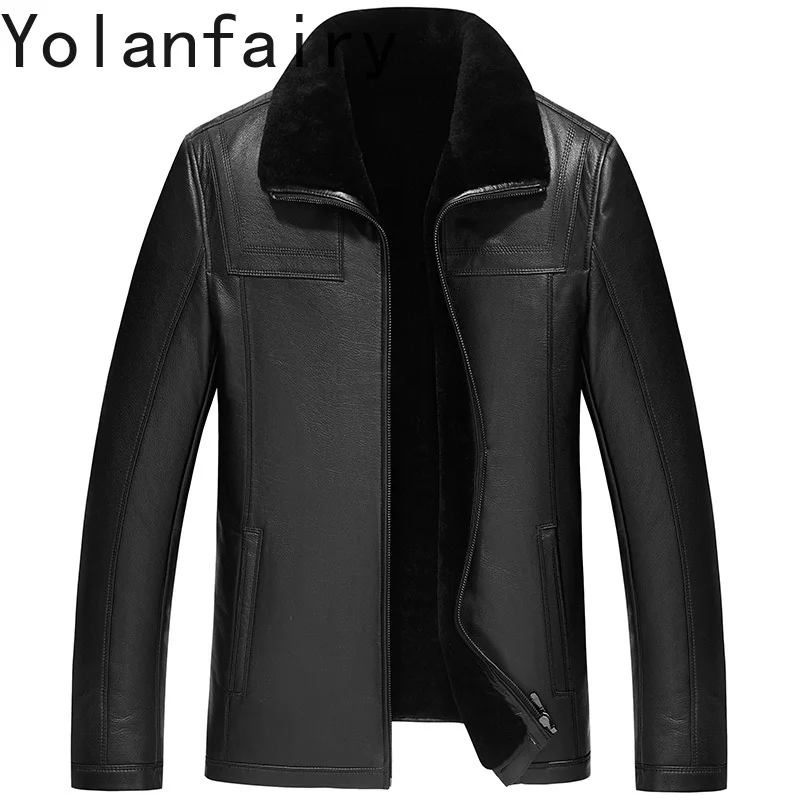 

YOLANFAIRY Genuine Sheepskin Leather Jacket Men Winter 2025 Warm Wool Lining Coat Man Lapel Short Fur Coats Casaco Masculino
