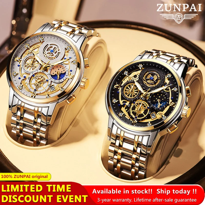 ZUNPAI Original Watch for Men Waterproof Stainless Steel Quartz Analog Fashion Business Sun Moon Star Wristwatches Top Brand