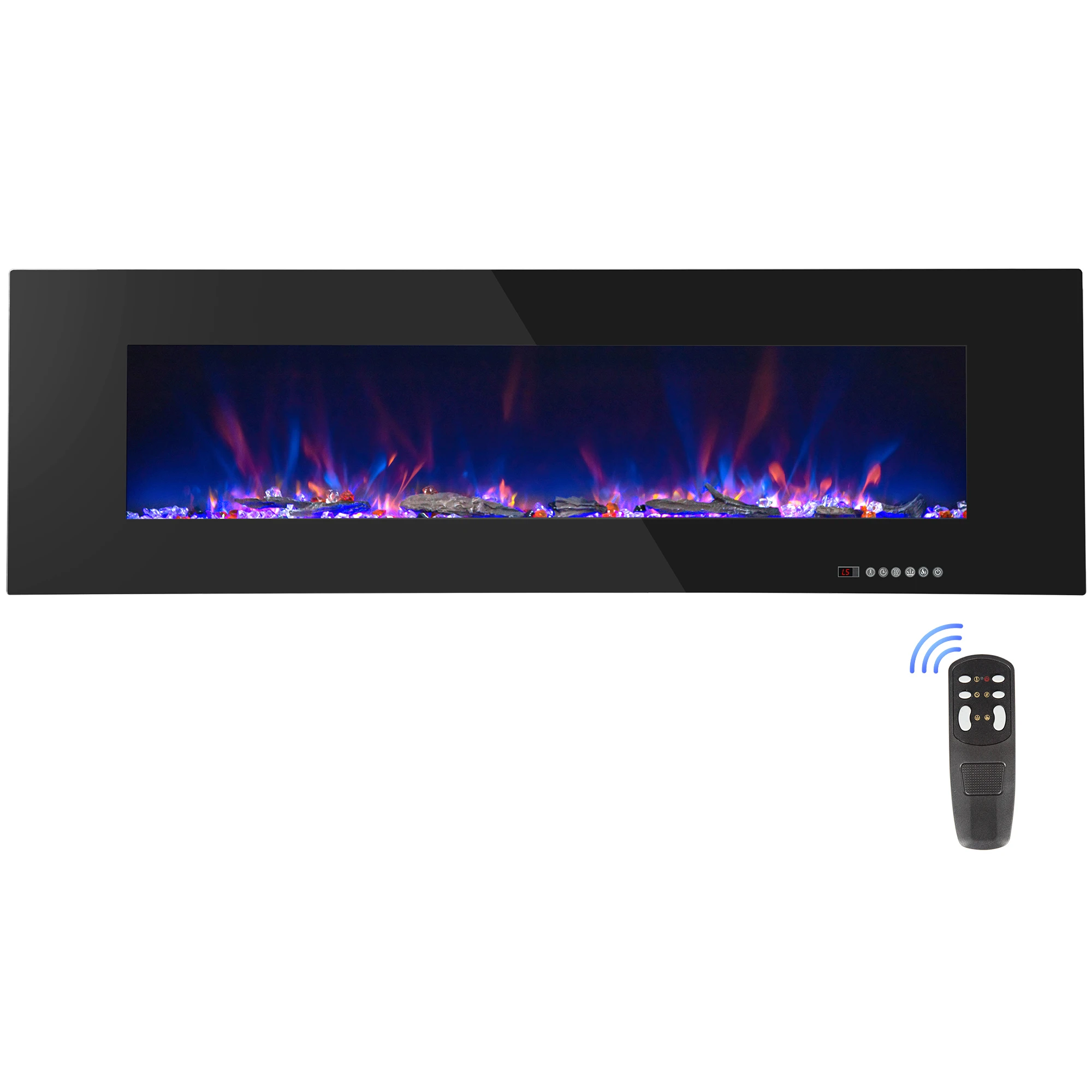 50 Inch Wall Mounted Not For Recessed Black Glass Electric Fireplace Heaters 1500W Remote Control Decor LED Flame