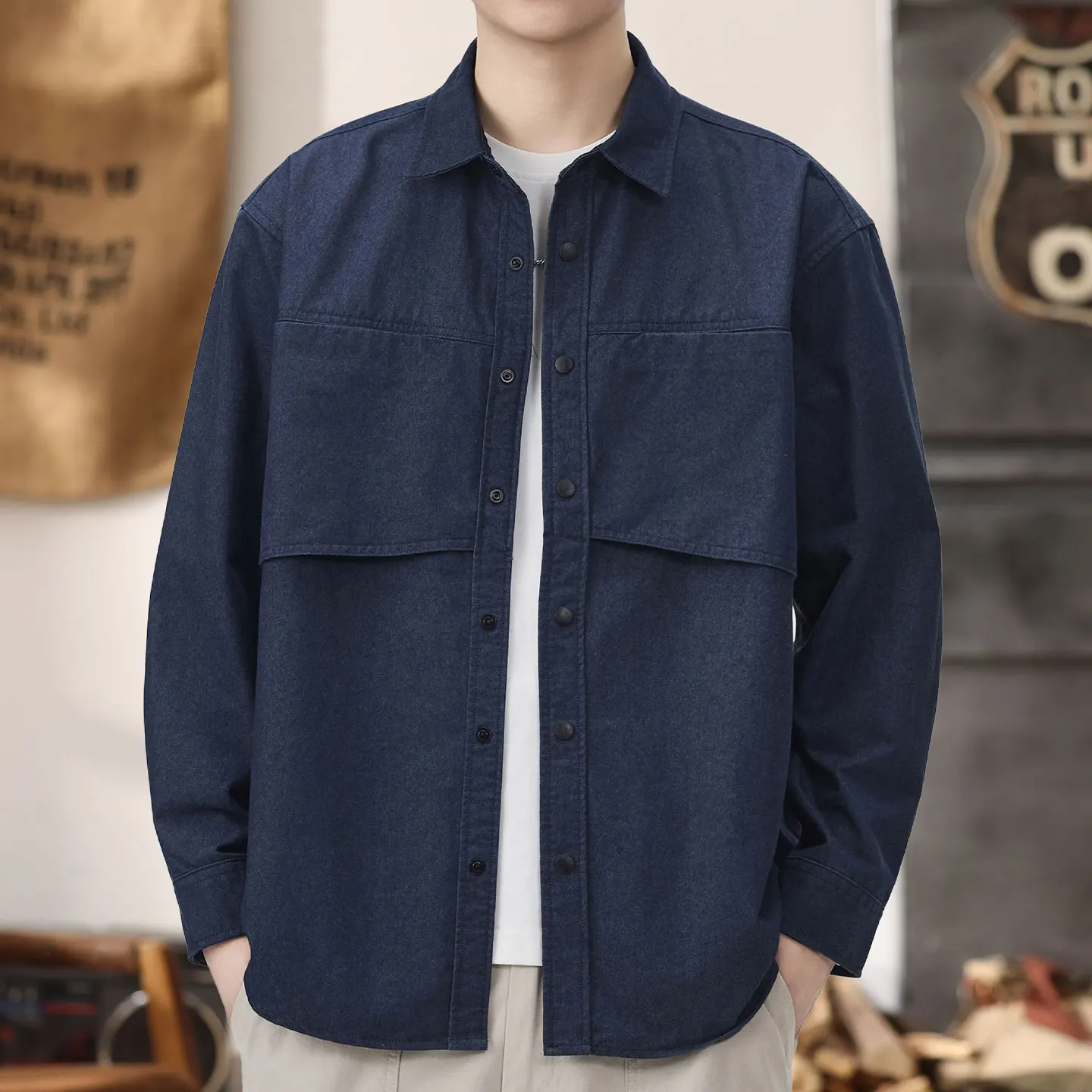 Spring and autumn black workwear shirt jacket for men, 2025 new style simple and versatile long-sleeved shirt trendy brand
