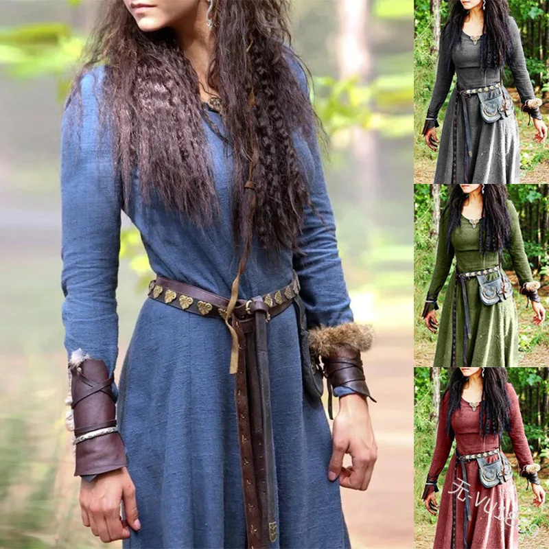 Vestido Medieval de manga larga para mujer, maxivestido Vintage de Hada, elfo, renacentista, celta, Vikingo, ropa gótica, vestido de baile de fantasía