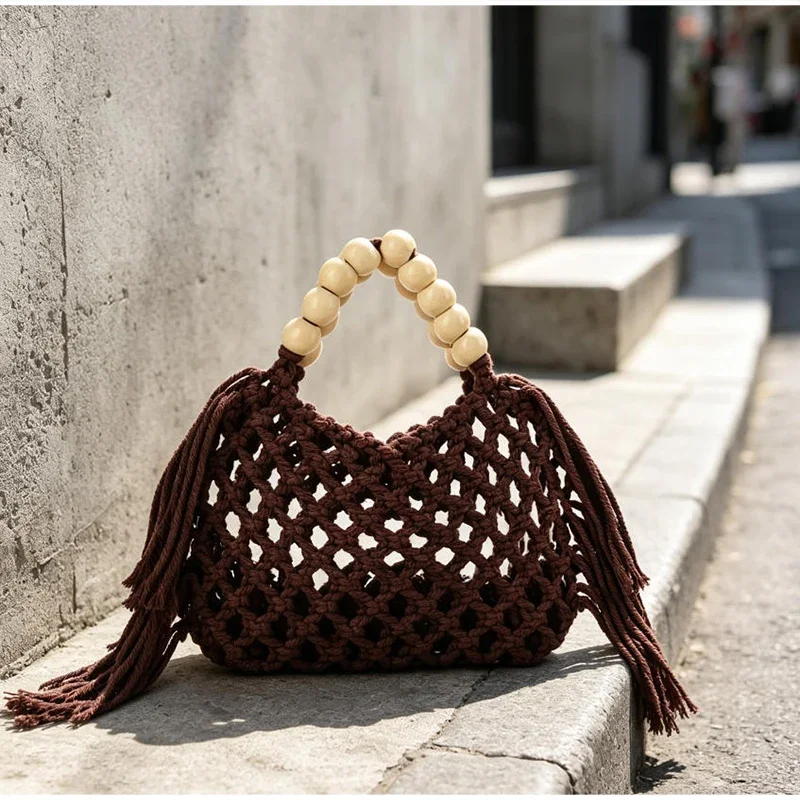 Boho Häkel-Handtasche mit Aushöhlungen und Quasten, Holzperlen-Griff, Gewebte Strandtasche, Sommer-Urlaub Strohtasche, Damen Casual Schultertasche – Detail 16