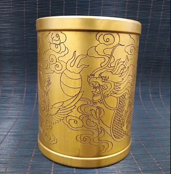 China Brass carving dragon and phoenix Pencil Vase