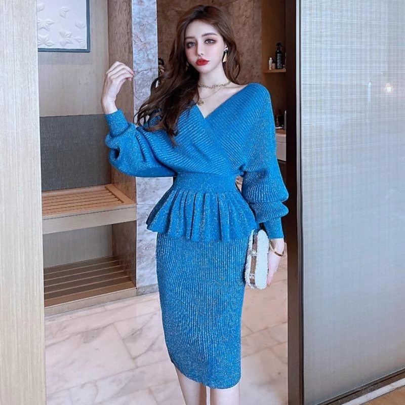 Winter Autumn Women Top Sweater Skirt Sets Lady Bright Line Slim Waist Knitted Top Hip Skirts Party Elegant Dinner Banquet Sets