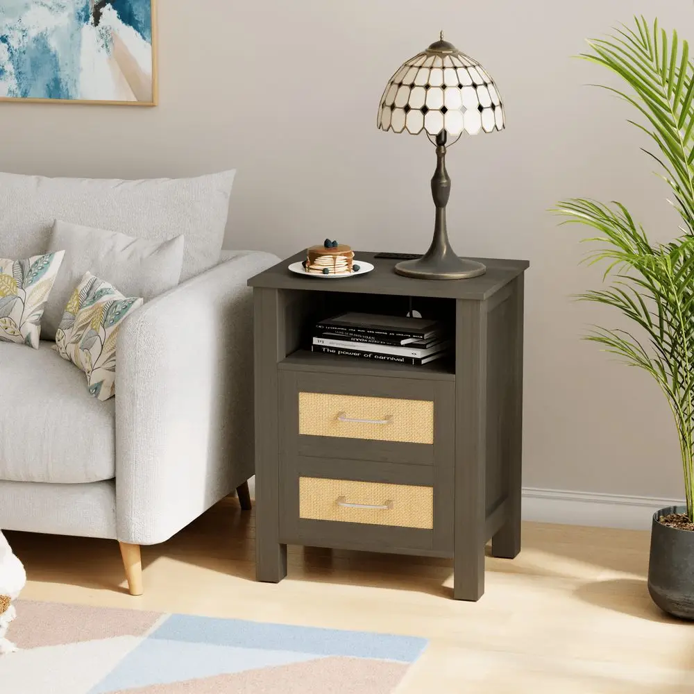 

Rattan Nightstands, Farmhouse Night Stand With 2 Drawers And Storage Shelf - Boho Bedside Table End Side Table For Bedroom