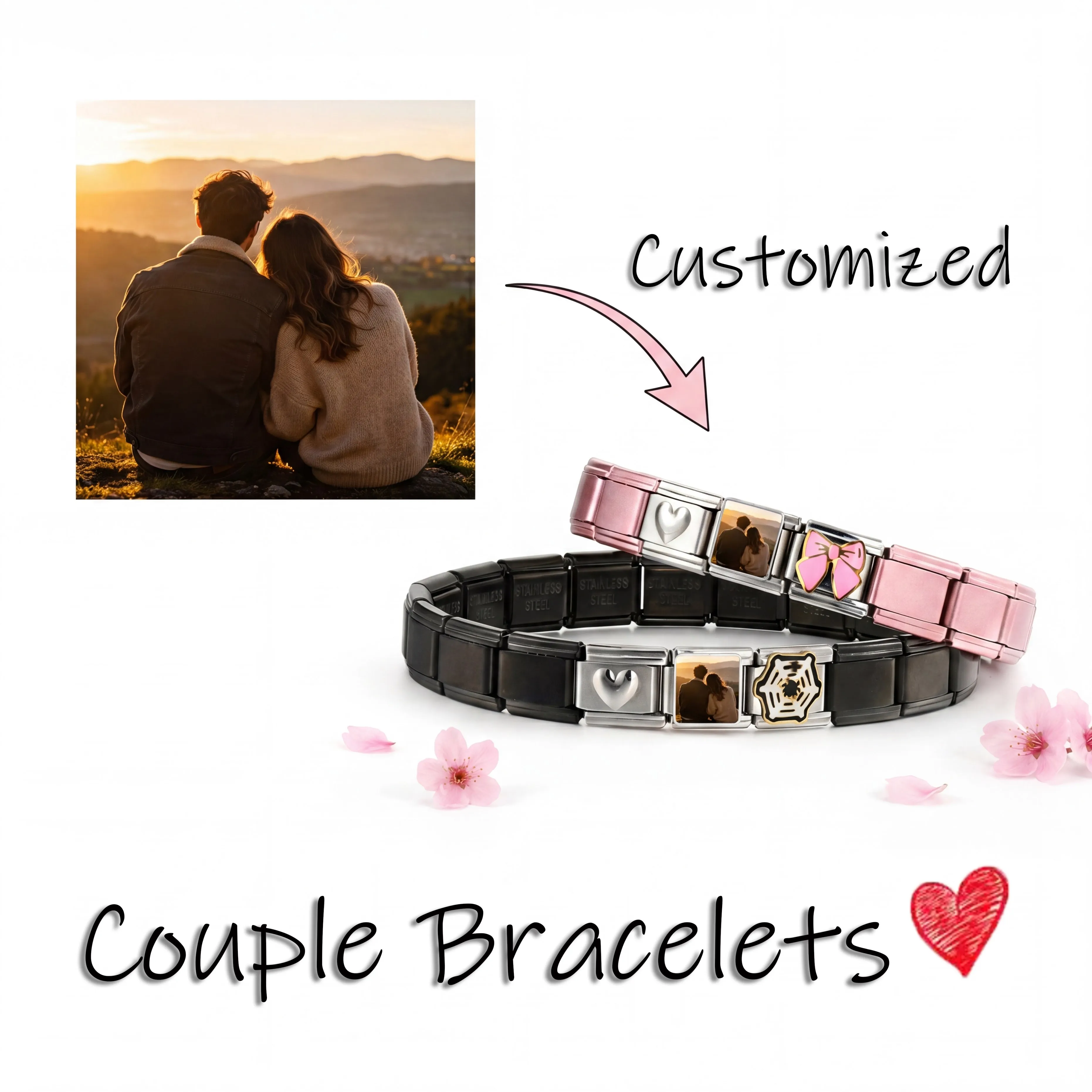 

Personalized Customized Photo Charm Link DIY Couple Lover Heart Italian Charm Bracelet Stainless Steel Jewelry Valentine's Gift