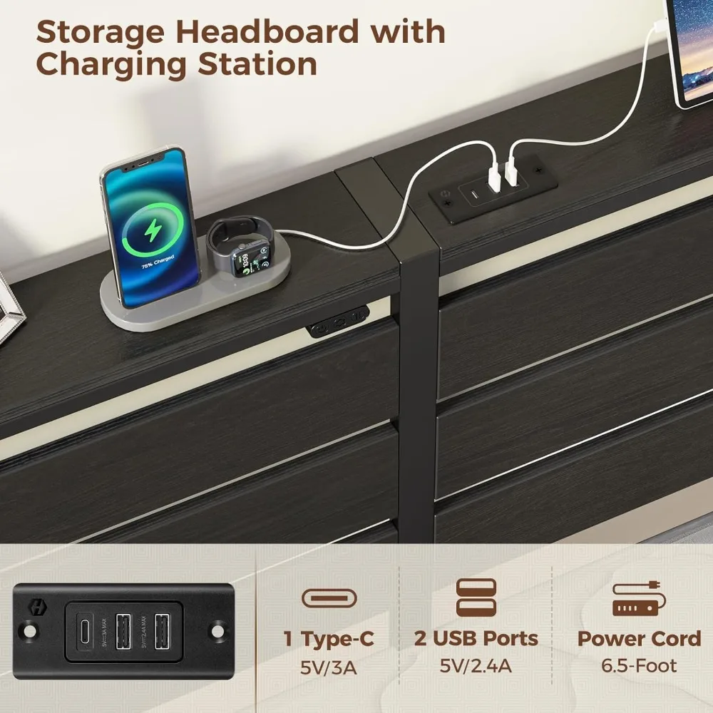 إطار سرير Rolanstar مزدوج الحجم مع شحن USB ولوح رأسي خشبي LED وسرير بمنصة معدنية سوداء