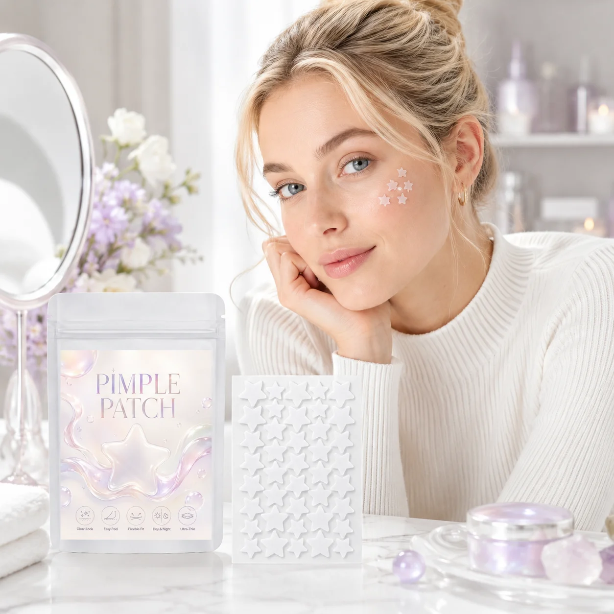 Pimple Patches (200/400/800 Pieces), 40 Patches per Sheet, White Star Shapes—Ultra-Thin, Easy Peel, Clean Minimal Look