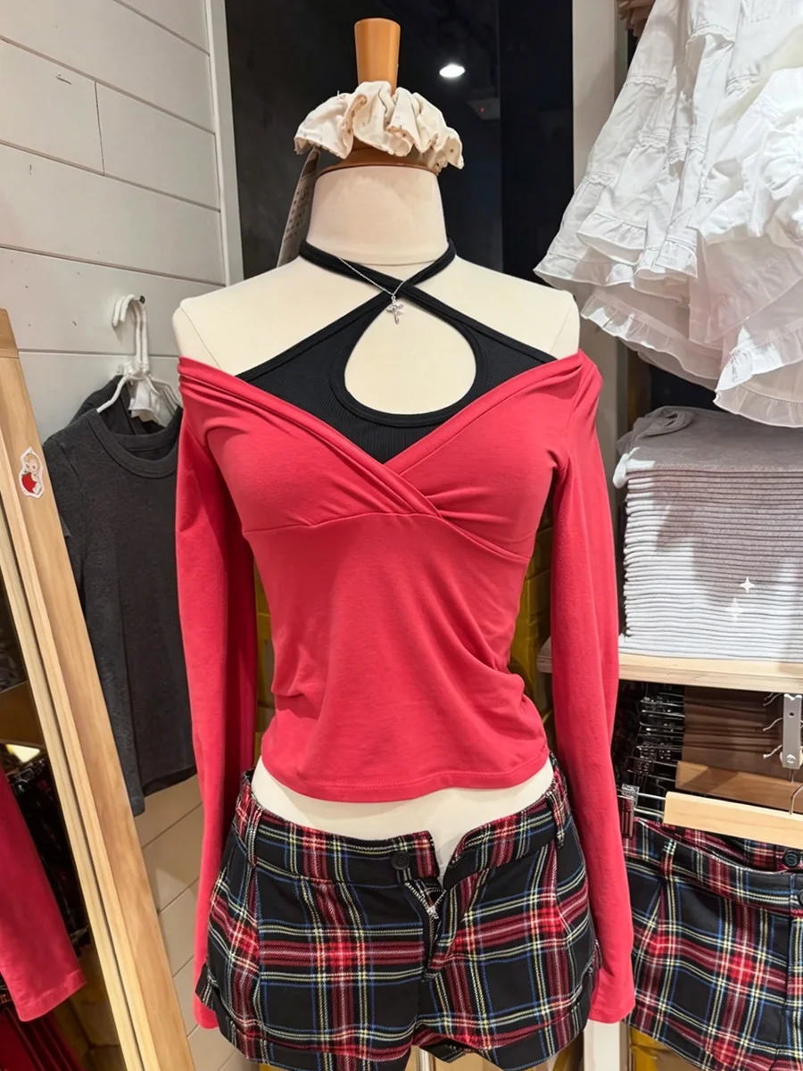 New Red Long Sleeve T-shirts Woman Spring Cross V-neck Cotton Slim Crop Top Casual Simple Solid All-match Basic Tshirts Y2k Tops