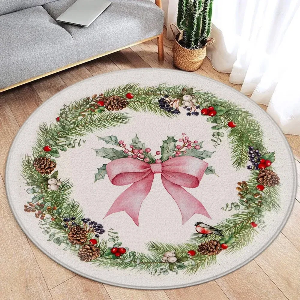 Round Rug – Red Socks, Tree, Elk & Snowman Design, Washable Soft Mat for Home