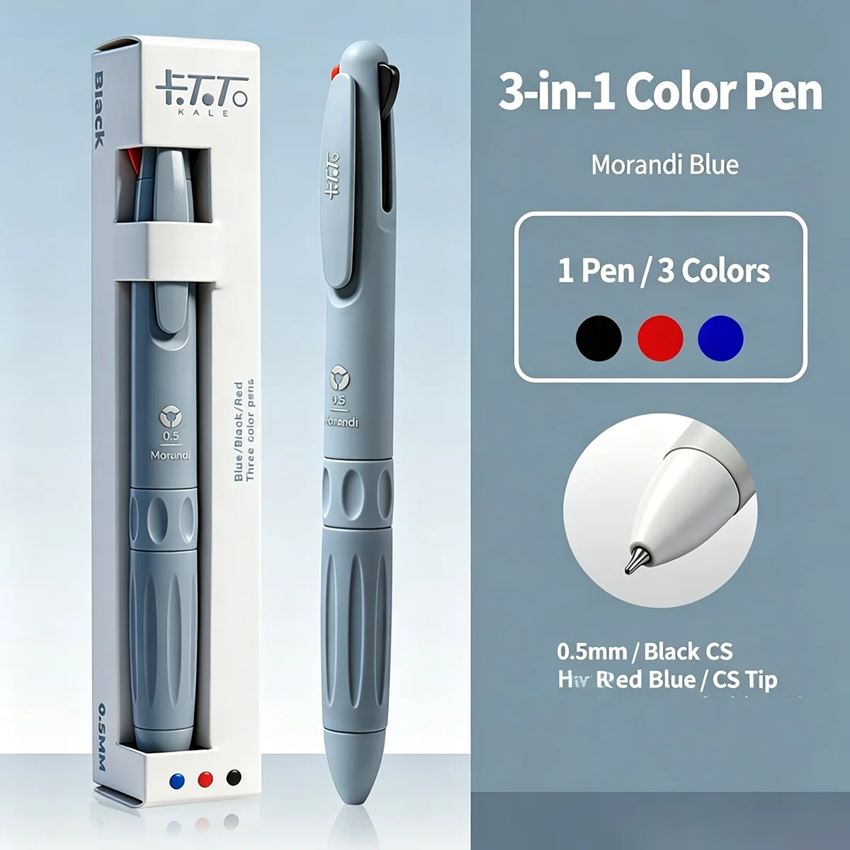 Simple Solid 3-in-1 Multicolor Ballpoint Pen, Retractable 0.5mm Tip, Black Red Blue Ink, Portable Packed Ball Pen for Student St