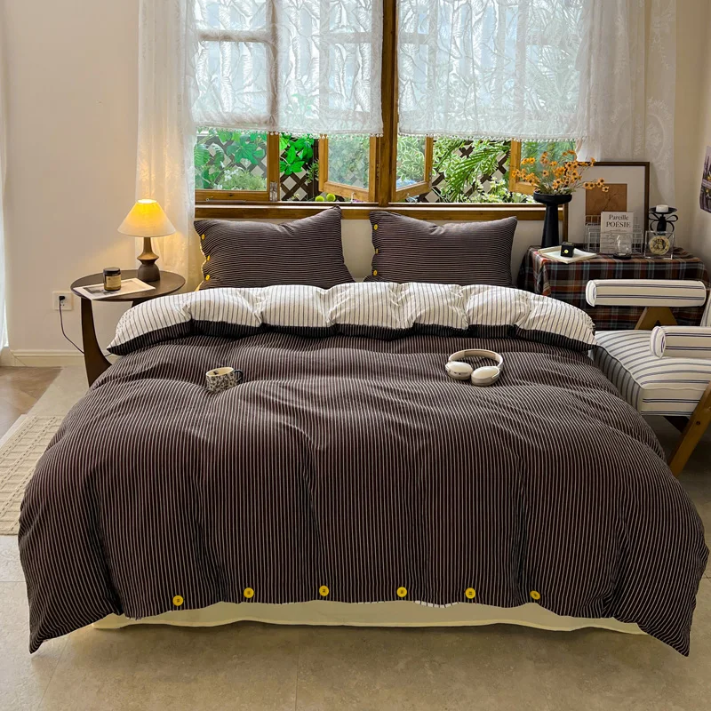 Japanese Simple Style 100% Washed Cotton Duvet Cover Set with Button Closure Durable Soft Bedding Set Bed Sheet Set Bed Linen