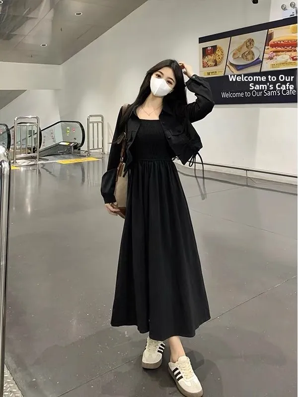 High Waist Elastic Waist Halter Dress Cardigan Small Outerwear Two Piece Set Spring Autumn Slimming Belly Covering Dress