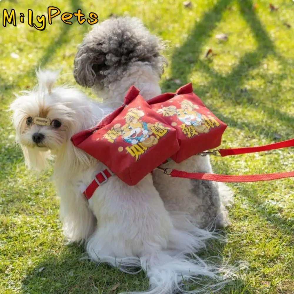 Mochila con arnés para mascotas de dibujos animados, autoadhesiva de Año Nuevo, bolsa para aperitivos para perros, chaleco, la mejor mochila portátil para cachorros y caca, perro y gato