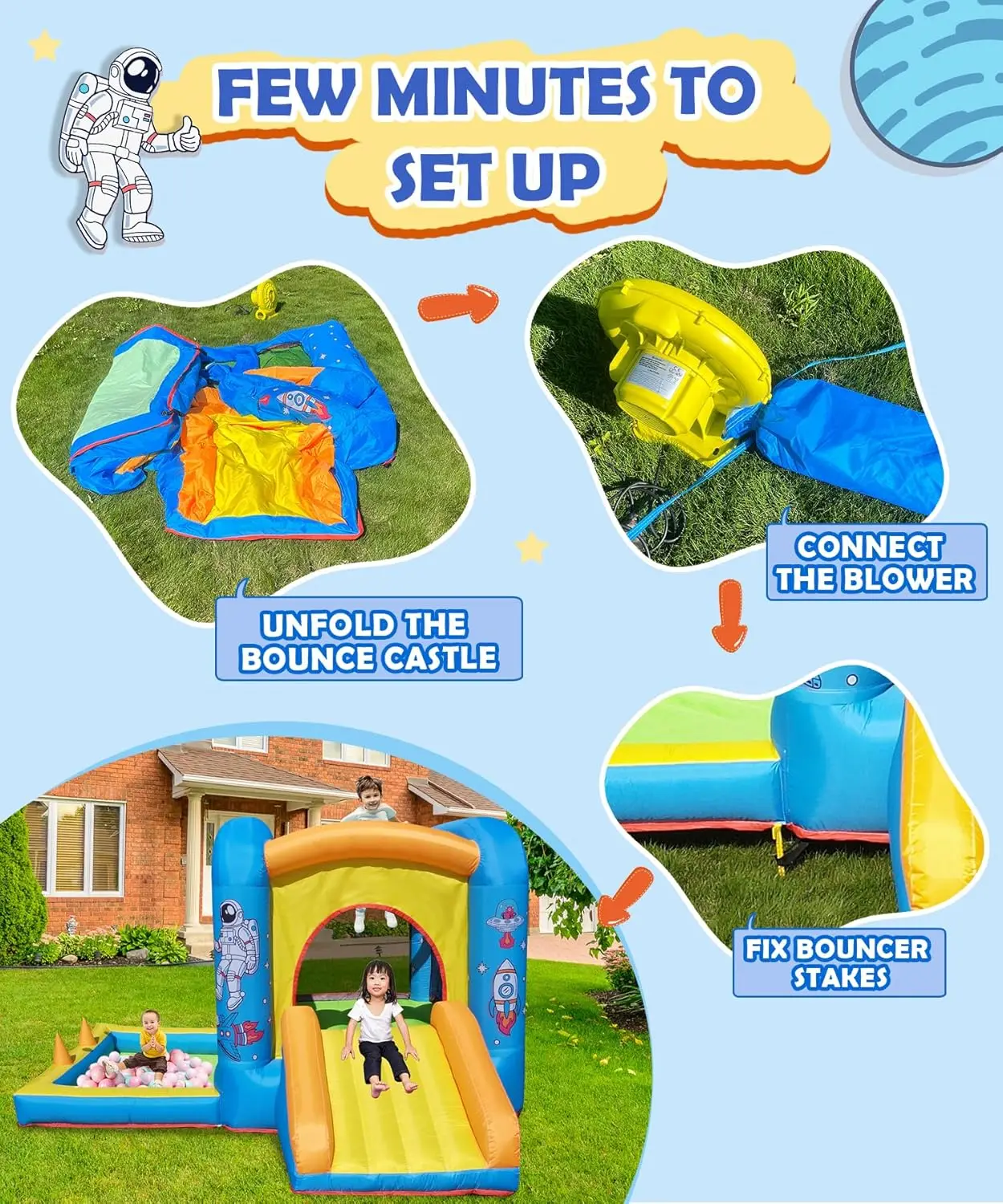 Inflatable Bounce House with Blower for Kids 3-6 y/o, Jumping Castle with Slide, 112x63x67'' Toddlers Bouncer with Ball Pit, Bou