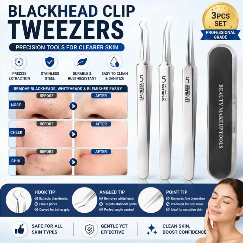 3Pcs Set Stainless Steel Blackhead Removal Tweezers With A Plastic Box High Precision And Durability Blackhead Removal Tweezers
