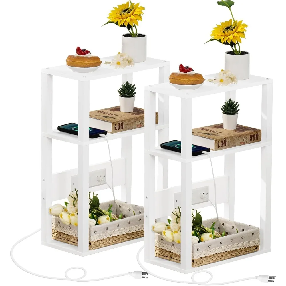 

Set of 2 White 3-Tier Narrow Wood Side Tables - Charging Station (USB Ports/Outlets) & Storage, Slim Nightstand for Small Spaces