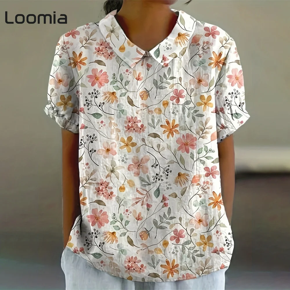 

Simple Floral Print Woman Clothing Fashion Lapel Women's T-Shirt Woman Graphic T Shirts Female Clothing Korean Popular Clothes