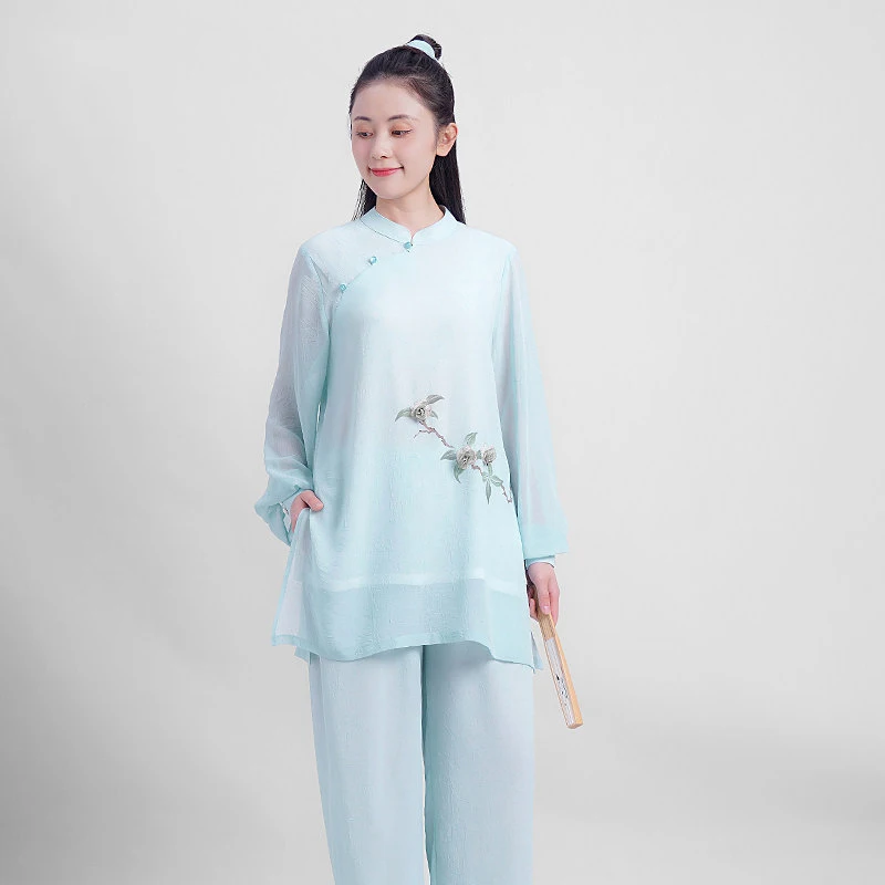 New Arrival Spring Summer Tai Chi Uniform - Hand Painted Chiffon Linen Outfit for Baduanjin Qigong Performance