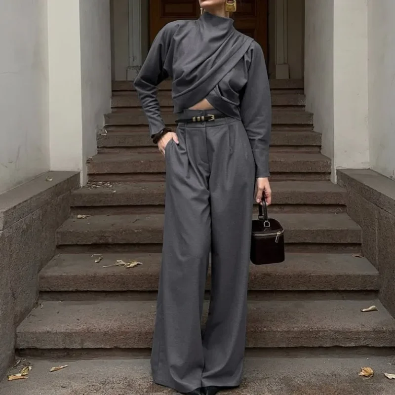 Women's Drape Wide-leg Dress Pants Commuting Atmosphere and Style Two-piece Set Individuality Autumn Grey High-neck Crop Top Set