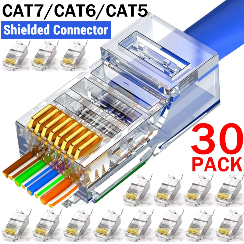 1-30Pcs Pass Through RJ45 Cat7/Cat6/Cat5 Shielded Connector Plugs Crystal End Gold-Plated Network Cable Suitable for Computer TV