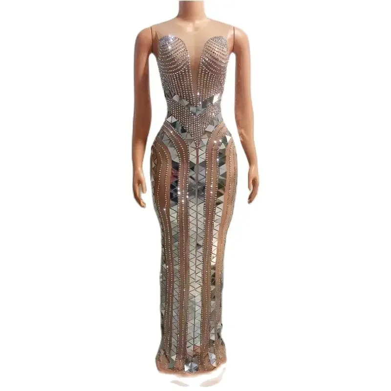 Glänzende Strass Kleid Ärmellose Spiegel Abend Party Kleider Frauen Geburtstag Feiern Outfit Drag Queen Kostüme XS5712