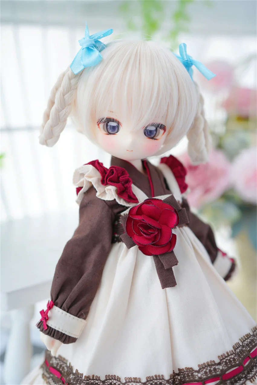BJD /SD Doll Wig In Stock 1/4 1/6 7-8inch Cute Daily Girls Brown High Temperature Silk Short Hair Double Braids Doll Accessories